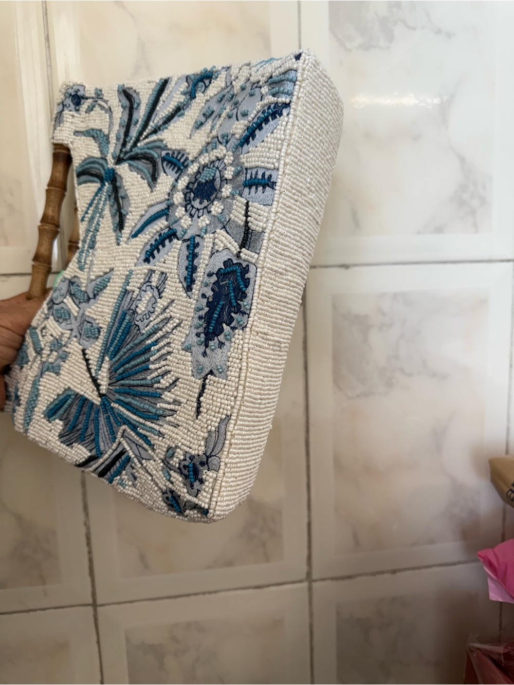 Beaded Floral Mini Bag with Bamboo Handle - Blue - Picture 3 of 4